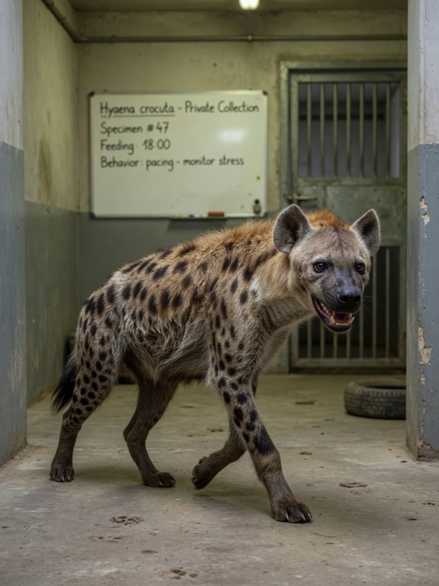 Spotted hyena in captive enclosure showing signs of confinement stress