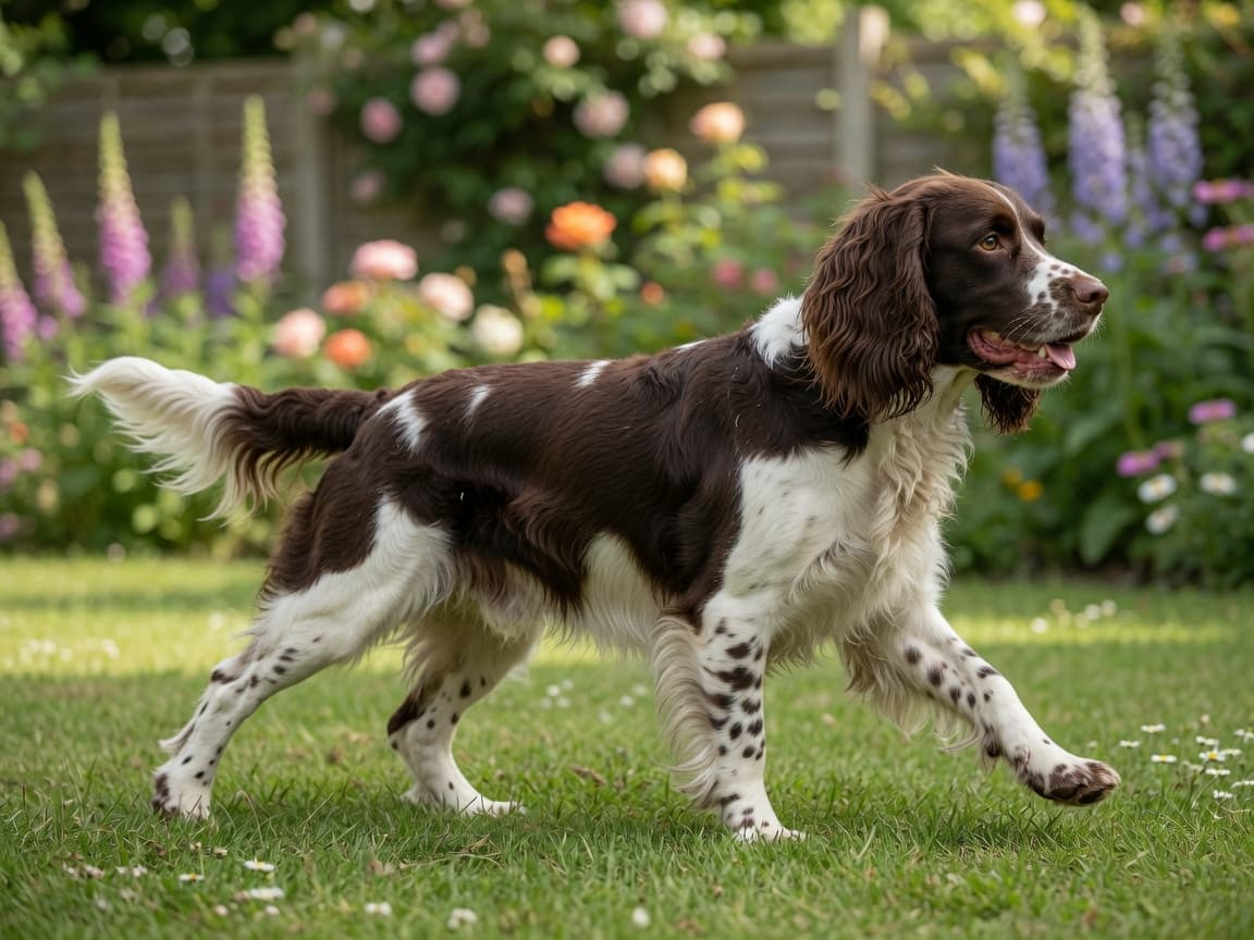 A healthy English Springer Spaniel standing alert in a garden, showing the breed's liver and white coat, feathered ears, and athletic build.
