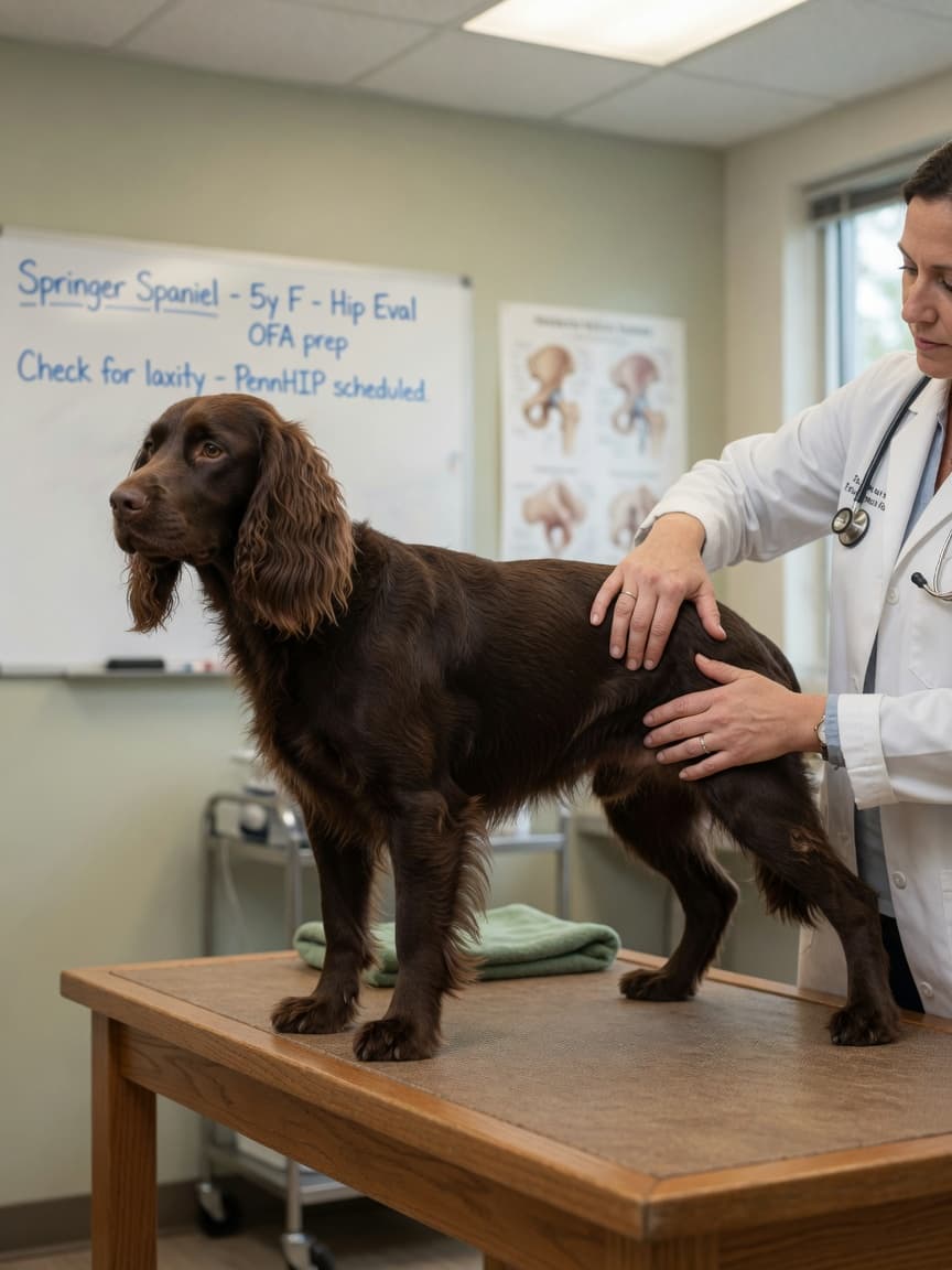 Veterinarian examining the hip joint of a liver-colored English Springer Spaniel during a health assessment