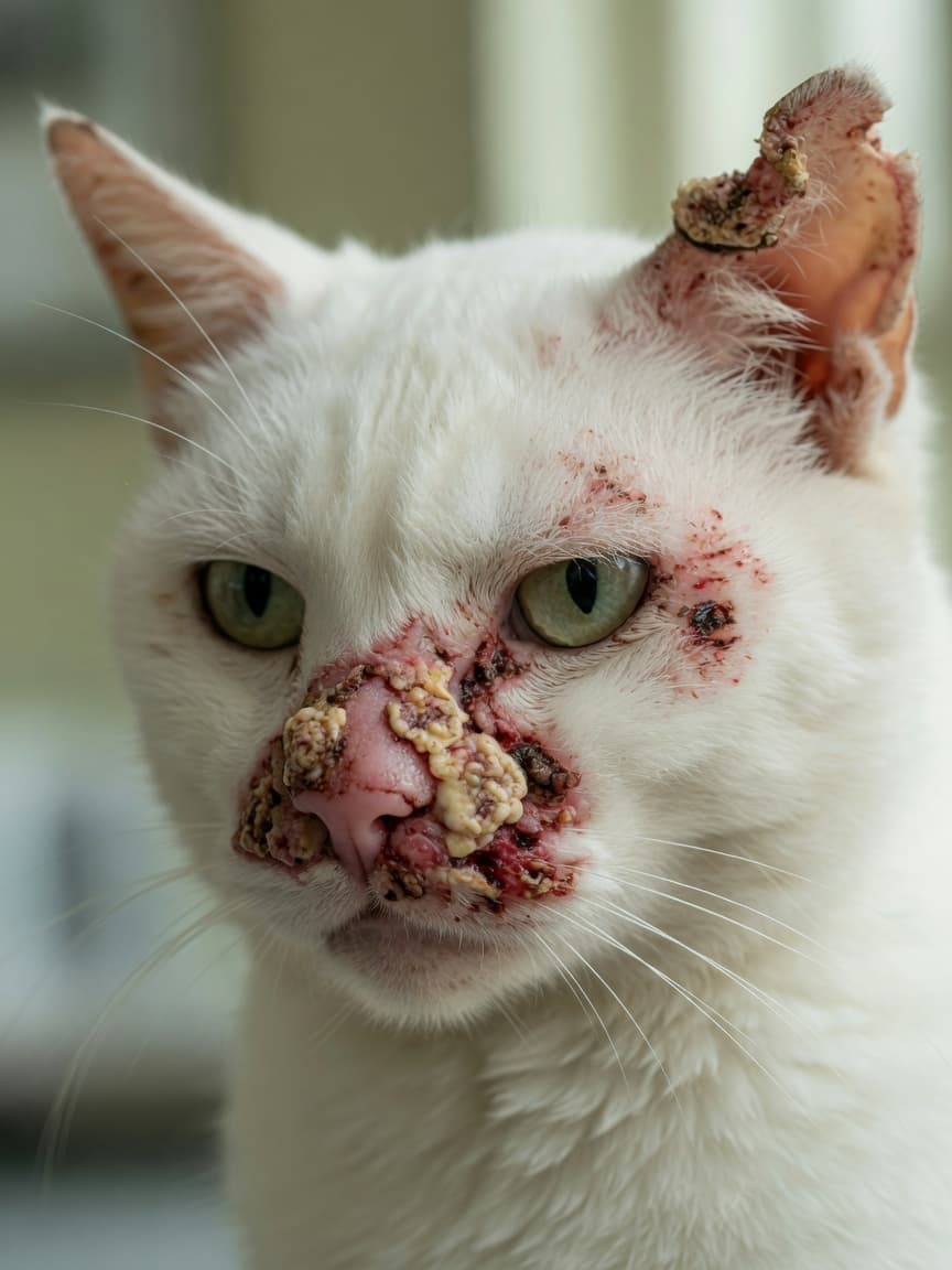 White cat's face showing advanced squamous cell carcinoma on nose and ear tip with ulcerated, crusty tissue damage