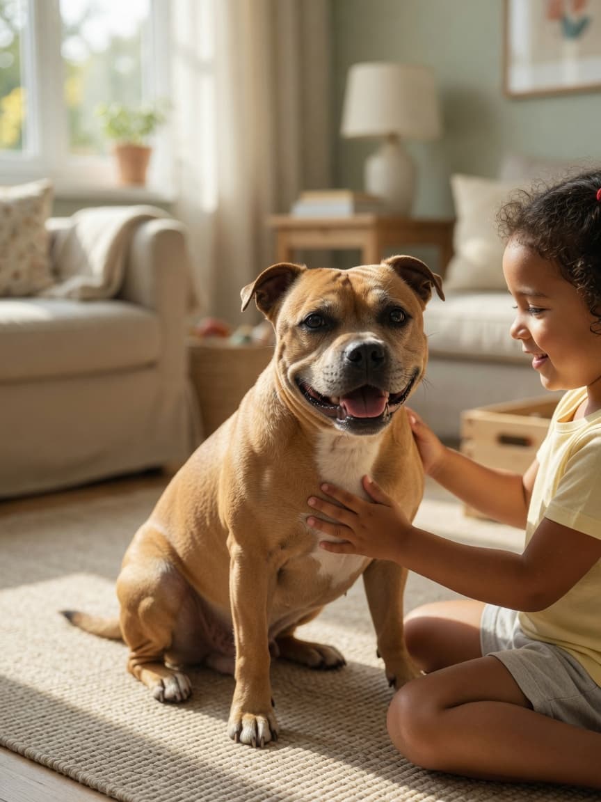 A muscular fawn Staffordshire Bull Terrier displaying affection with a young child in a bright living room, showing the breed's renowned gentleness and people-focused nature.