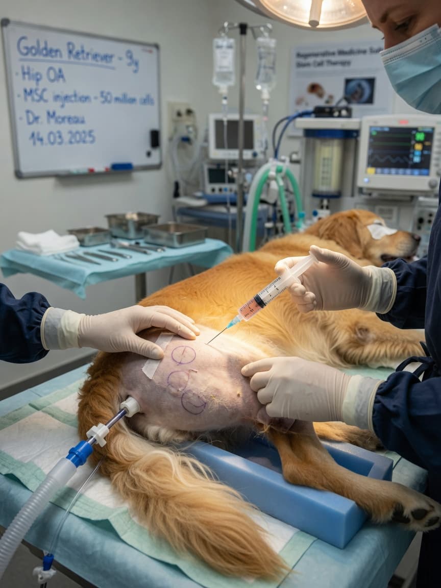 Veterinary surgeon performing stem cell injection into golden retriever's hip joint during regenerative medicine procedure in operating theatre