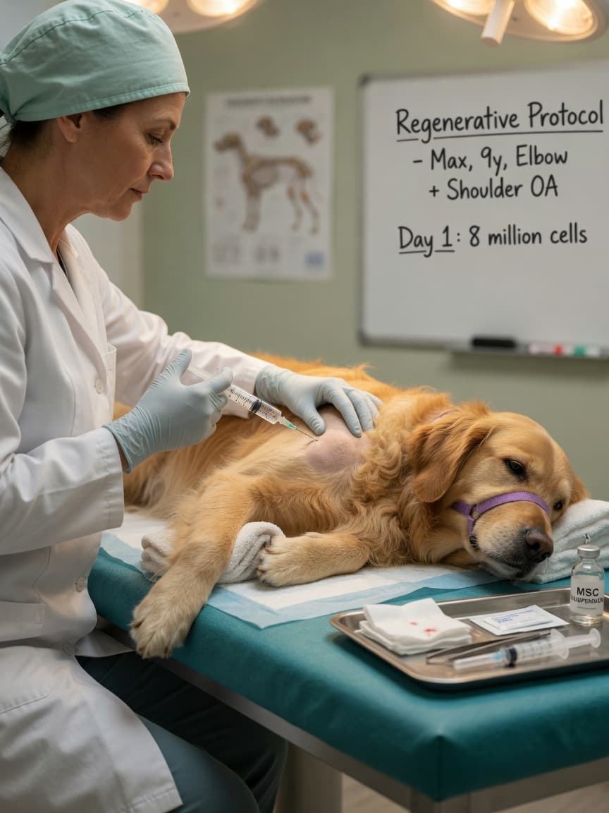 Veterinary specialist injecting stem cells into a dog's joint during regenerative medicine treatment