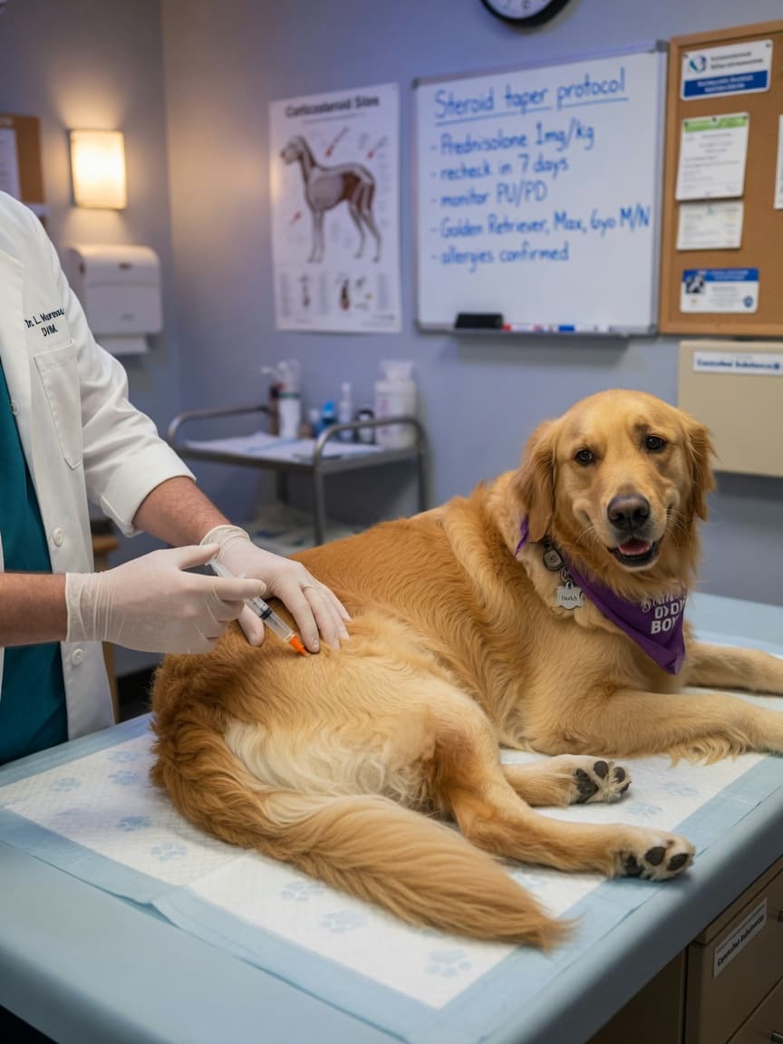 Veterinarian administering a steroid injection to a golden retriever on an examination table during clinical consultation