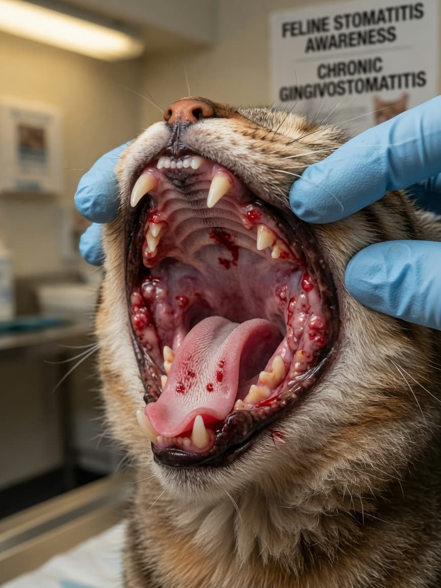 Close-up of a cat's inflamed mouth during veterinary examination showing red ulcerated tissue and bleeding gums