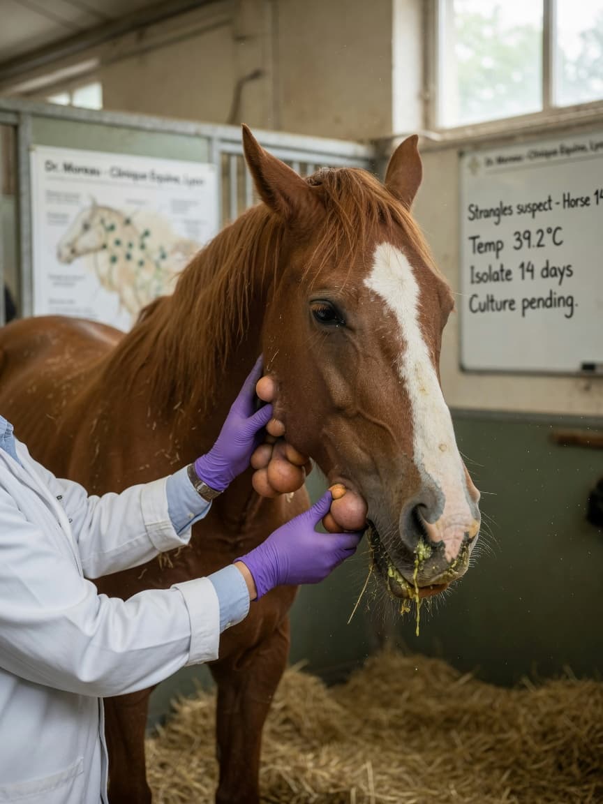 Veterinarian examining a chestnut horse with swollen jaw lymph nodes and nasal discharge characteristic of strangles infection
