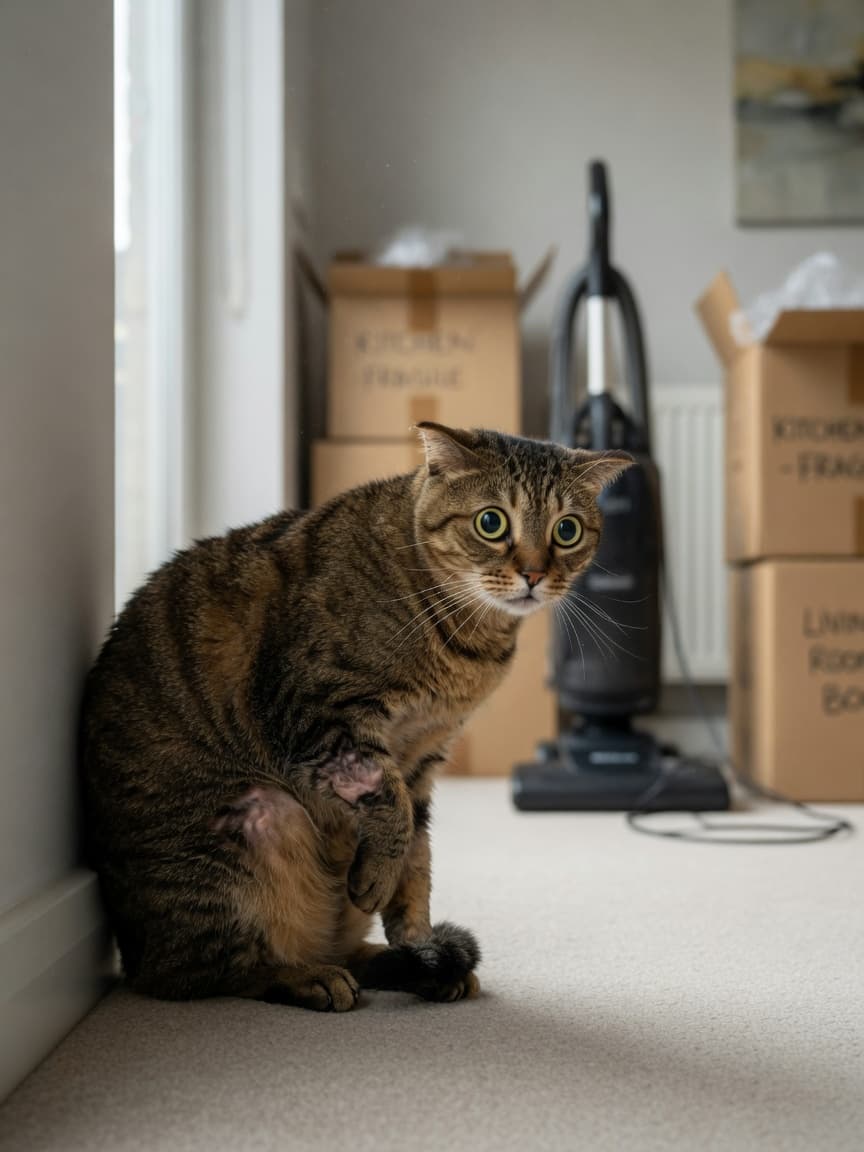 Stressed tabby cat crouched in corner with flattened ears and anxious expression, moving boxes and vacuum cleaner visible in blurred background