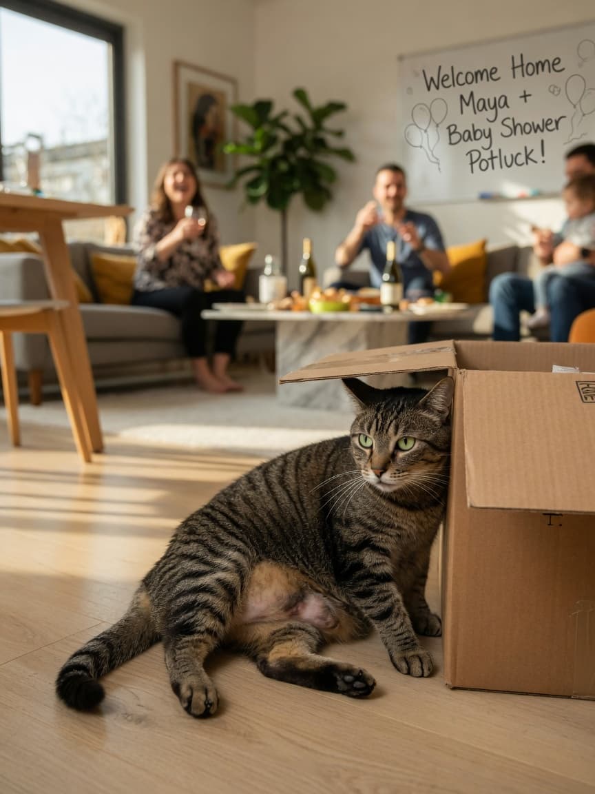 A stressed tabby cat partially hidden inside a cardboard box during a home gathering, showing subtle signs of anxiety and tension