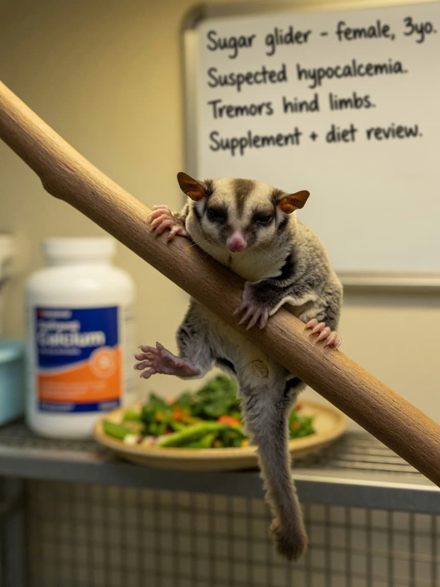 A weakened sugar glider gripping a branch with trembling hind legs, showing signs of metabolic bone disease and calcium deficiency