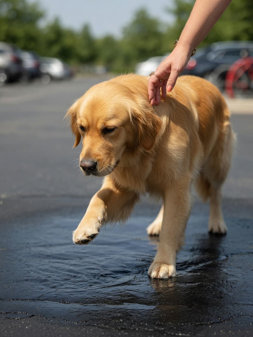 Golden Retriever lifting paw in pain from hot asphalt pavement during summer heat