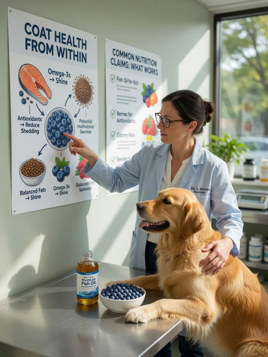 Veterinary nutritionist examining a golden retriever's coat while consulting about superfood supplements including blueberries and fish oil