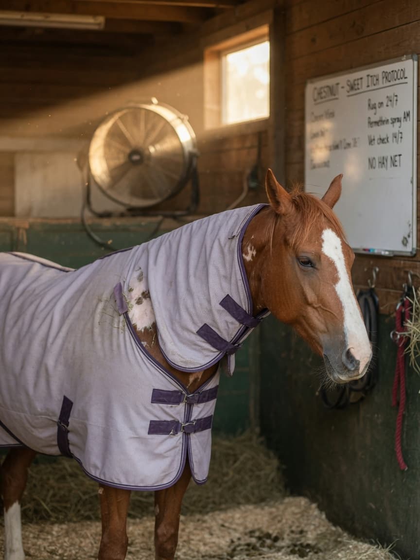 Chestnut horse wearing a sweet itch protective rug in a stable at dawn with visible signs of scratching and a stable fan visible in the background