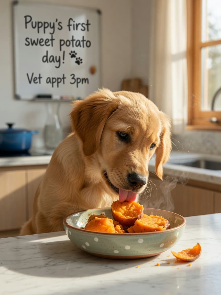 Golden retriever puppy eating plain cooked sweet potato from a bowl in bright natural kitchen light
