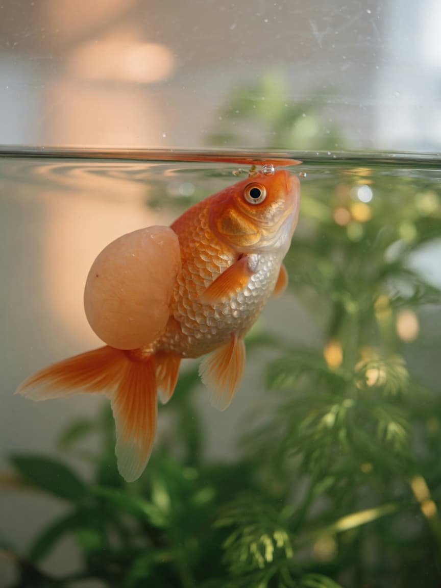 Fancy goldfish with distended belly floating at an abnormal angle in an aquarium, demonstrating swim bladder disease symptoms