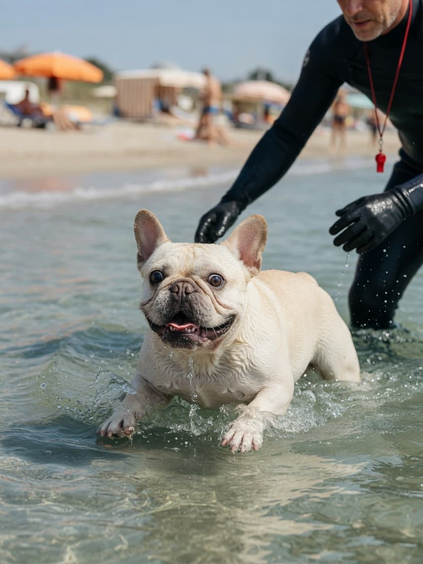 French Bulldog struggling to keep its nose above water in shallow beach water with attentive owner nearby