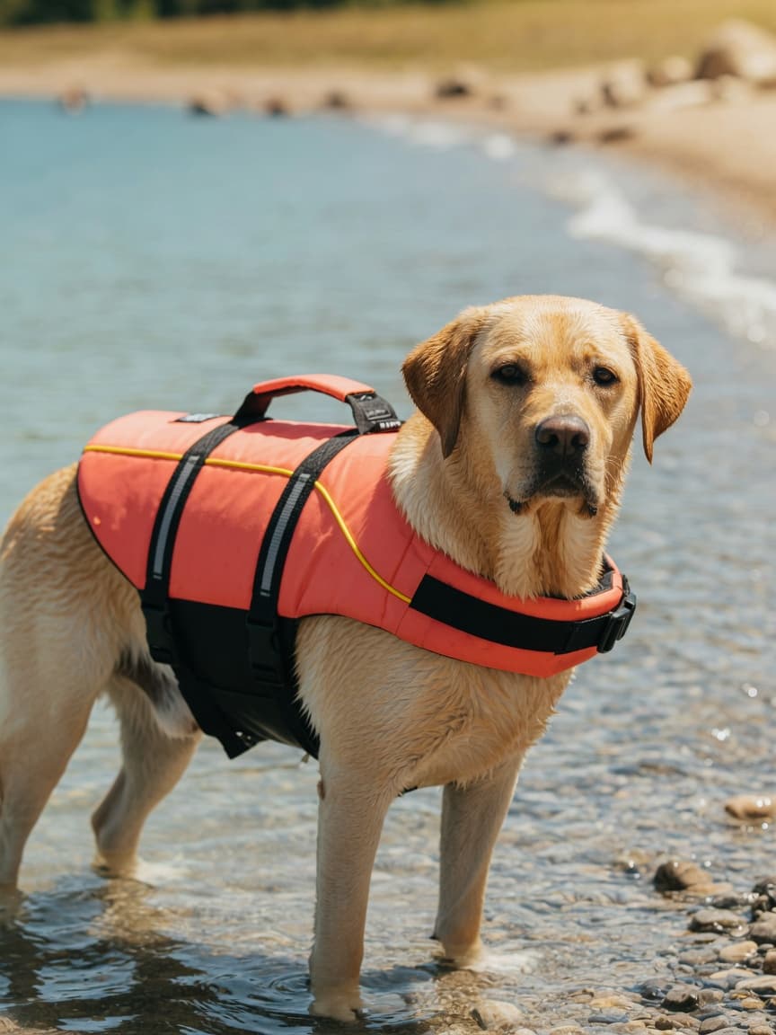 A golden Labrador wearing a properly fitted life jacket with a safety handle, standing safely in shallow water