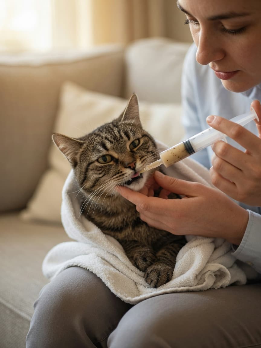 Hands demonstrating proper syringe feeding technique with a wrapped sick cat, showing correct head positioning and syringe placement at the side of the mouth.
