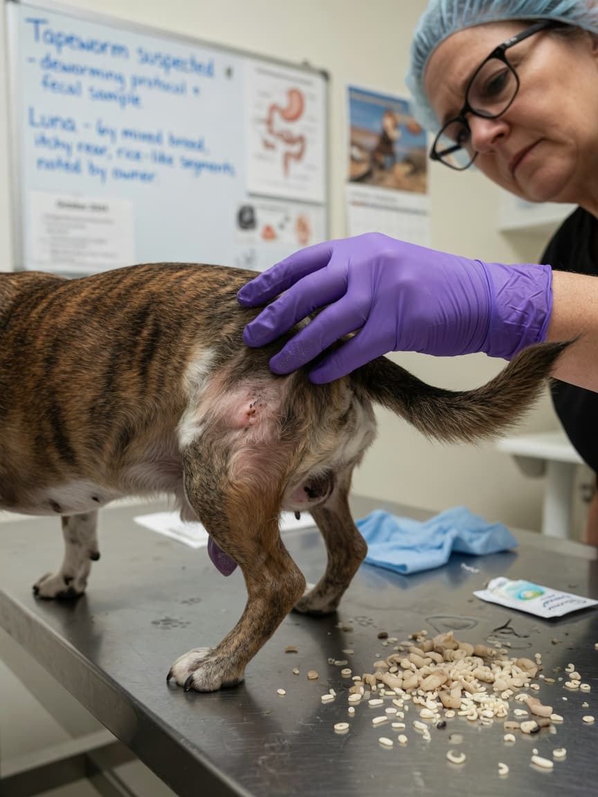 Veterinarian examining a dog for tapeworm symptoms during clinical inspection