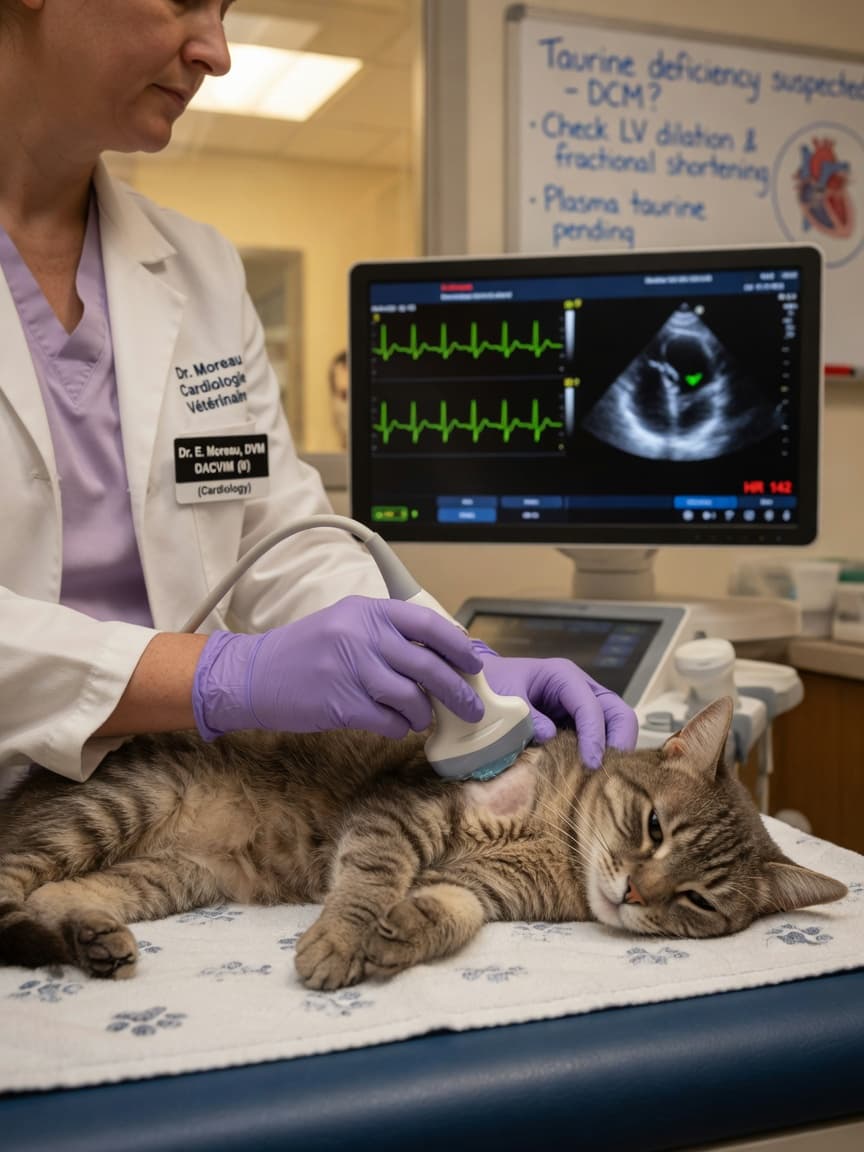 Veterinarian performing echocardiogram on cat for cardiac assessment during taurine deficiency diagnosis