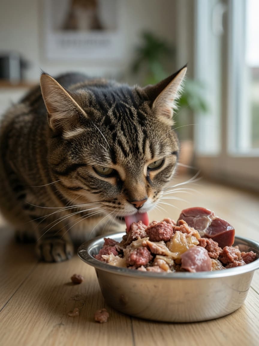 Tabby cat eating premium wet cat food from a stainless steel bowl, with soft natural window light
