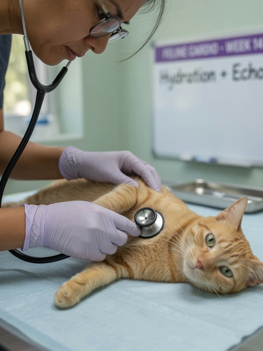 Veterinarian examines orange tabby cat with stethoscope during cardiac examination