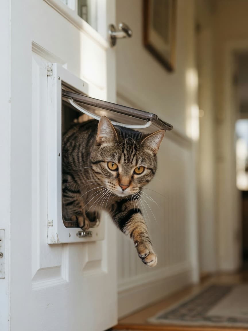 A confident tabby cat pushing through an open cat flap in a wooden door with natural daylight illuminating the scene.