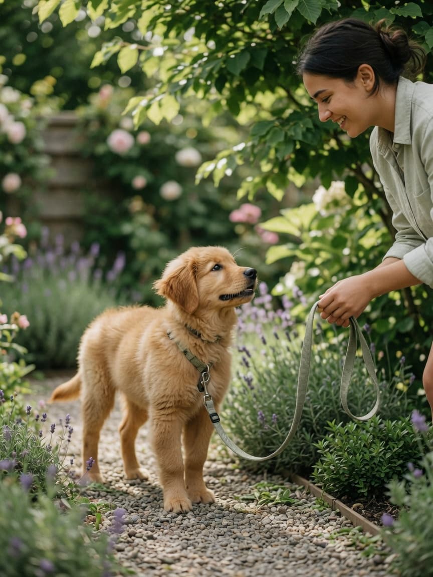 Young puppy walking on slack lead beside owner in garden with engaged expression
