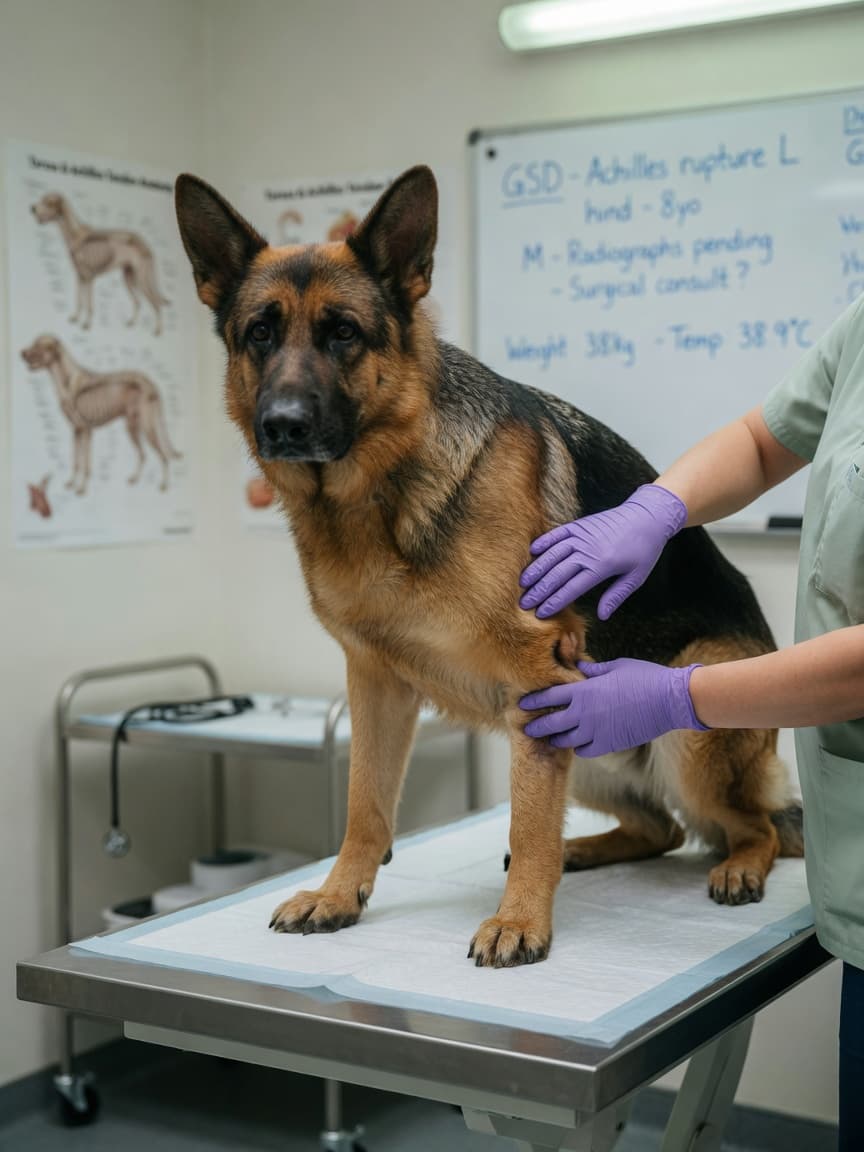 Dog displaying plantigrade stance and dropped hock due to Achilles tendon rupture, examined by veterinarian