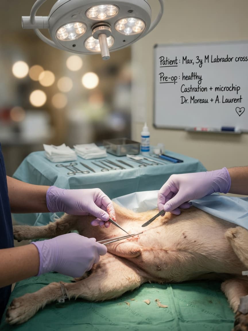 Veterinarian performing castration surgery on an anesthetized male dog under surgical lighting