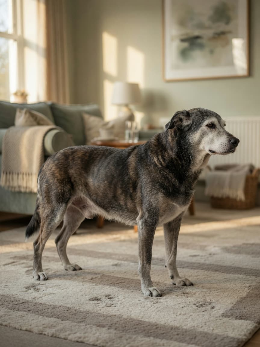Senior dog with greying muzzle showing age-related physical changes, standing indoors with warm natural light