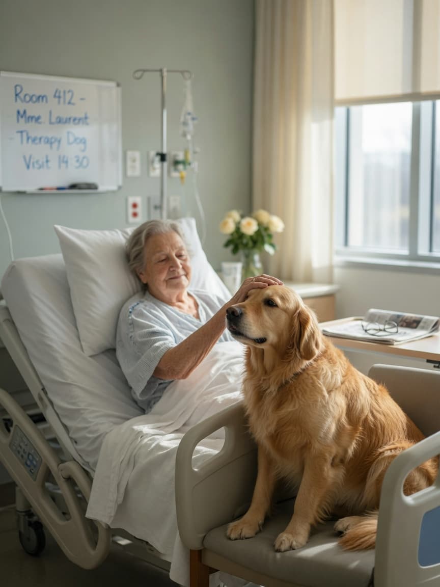 Golden Retriever providing comfort to elderly hospital patient