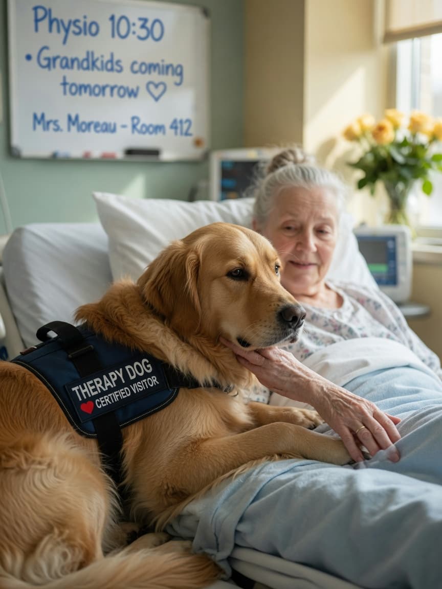 Golden Retriever therapy dog resting head on elderly patient's hand in hospital bed, wearing therapy vest
