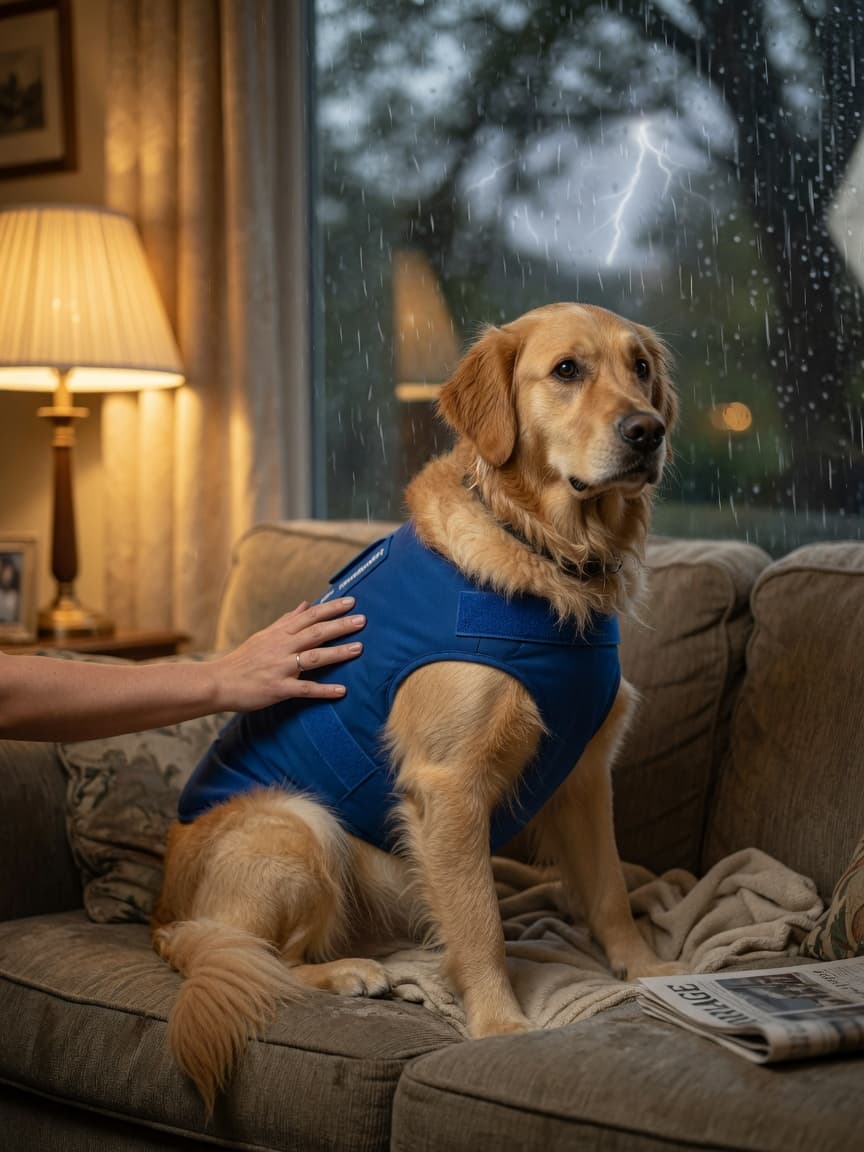 Golden retriever wearing a blue Thundershirt pressure wrap during a thunderstorm, with owner's hand on its back
