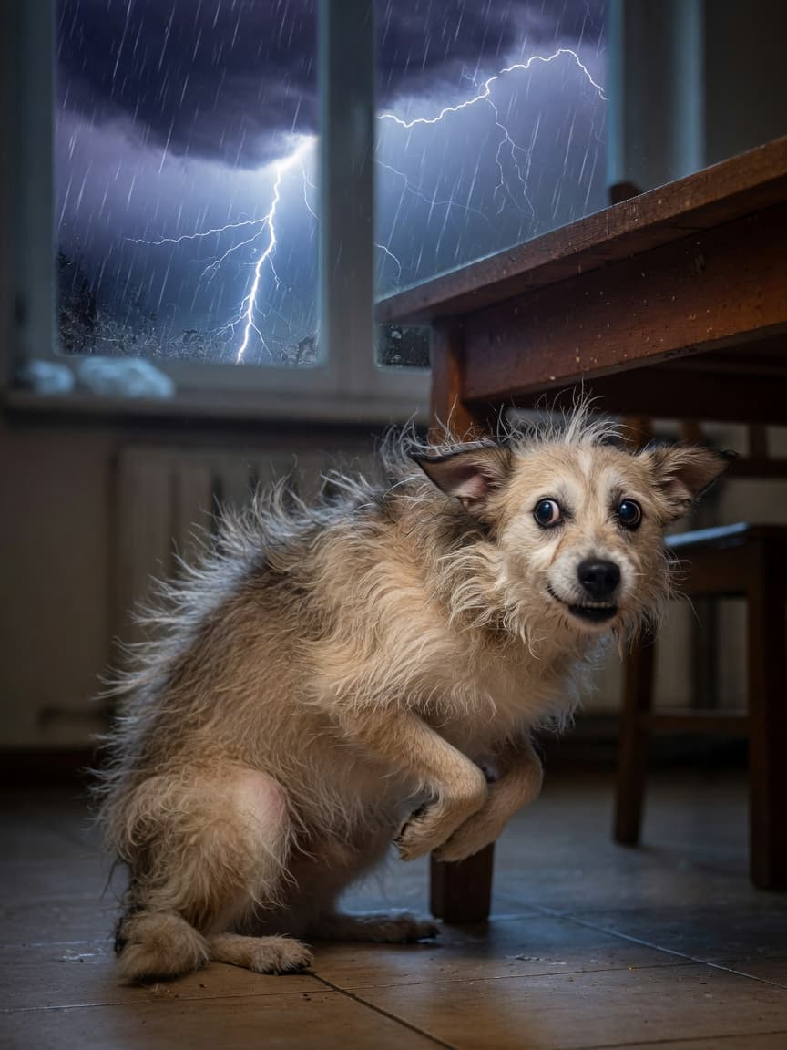 Anxious dog hiding under table during thunderstorm with visible trembling and static-frizzed coat