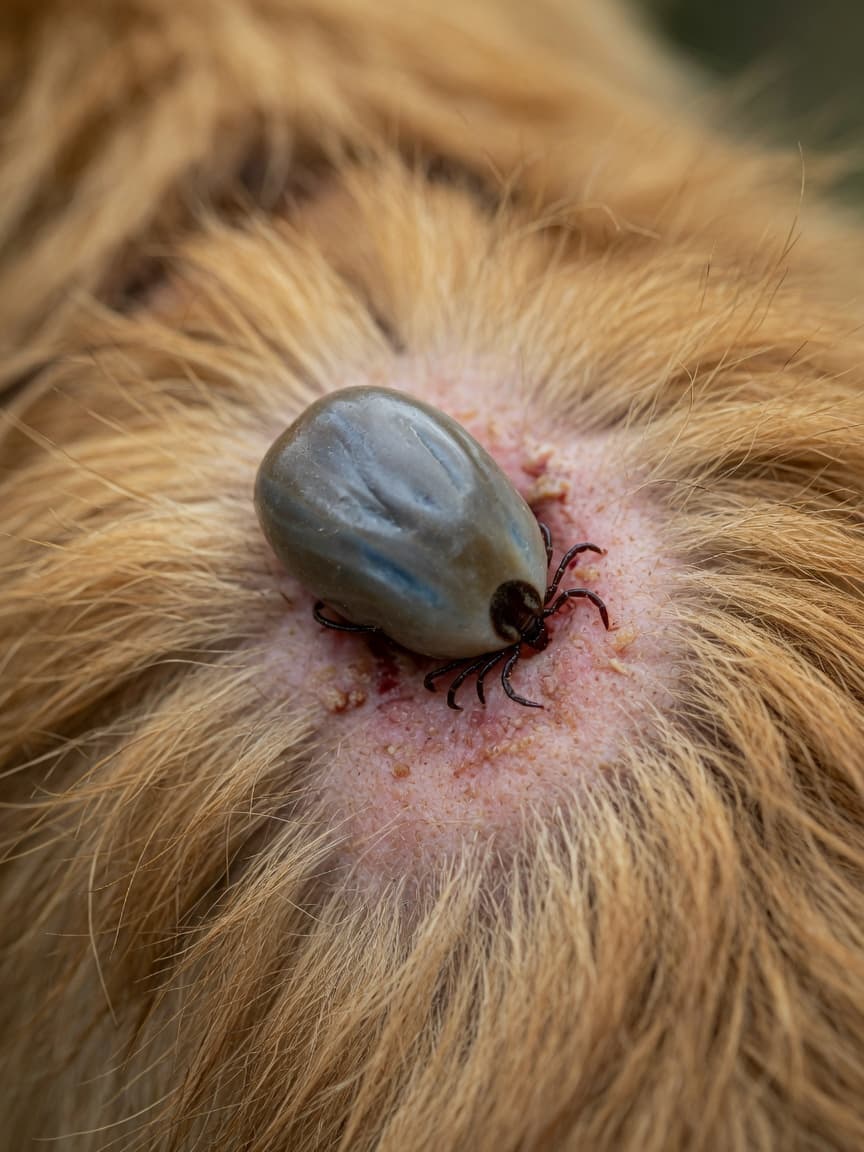 Close-up of an engorged tick attached to a dog's skin, showing the parasitic vector responsible for transmitting tick-borne diseases.