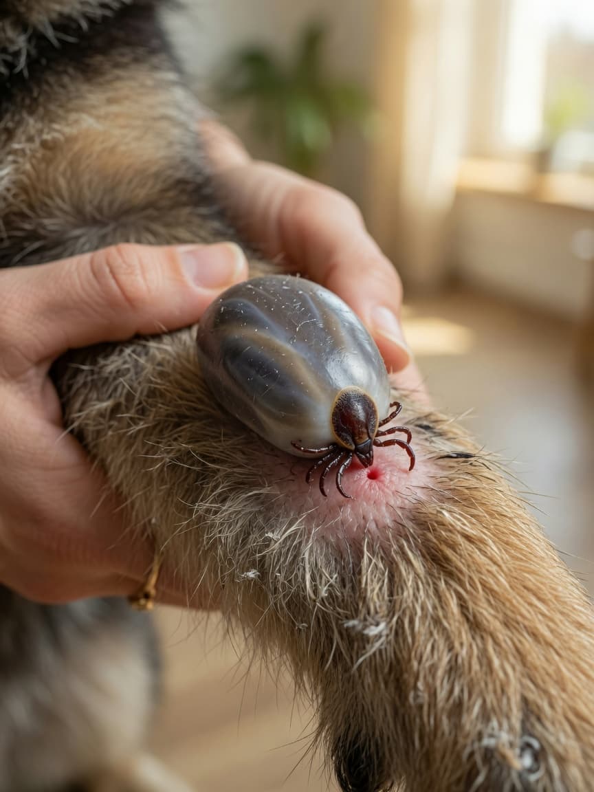 Close-up photograph of an engorged tick attached to a dog's fur with a pet owner's hand gently holding the dog's leg in soft focus behind it