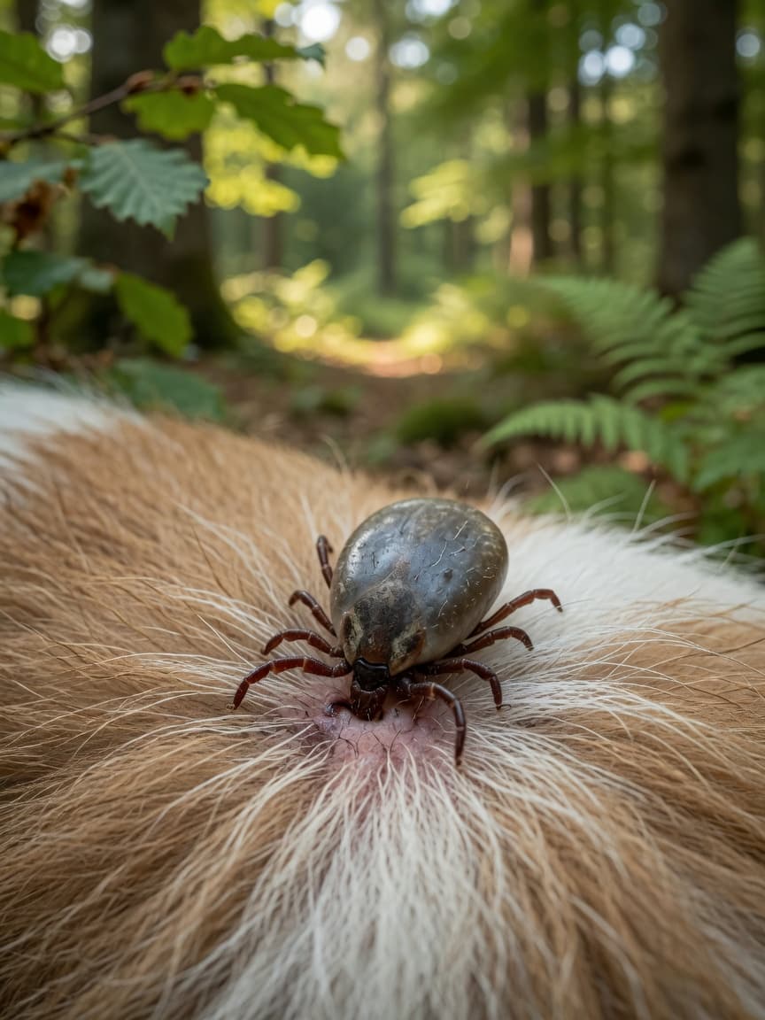 Close-up of a tick attached to a dog's tan and white coat, with blurred European woodland background