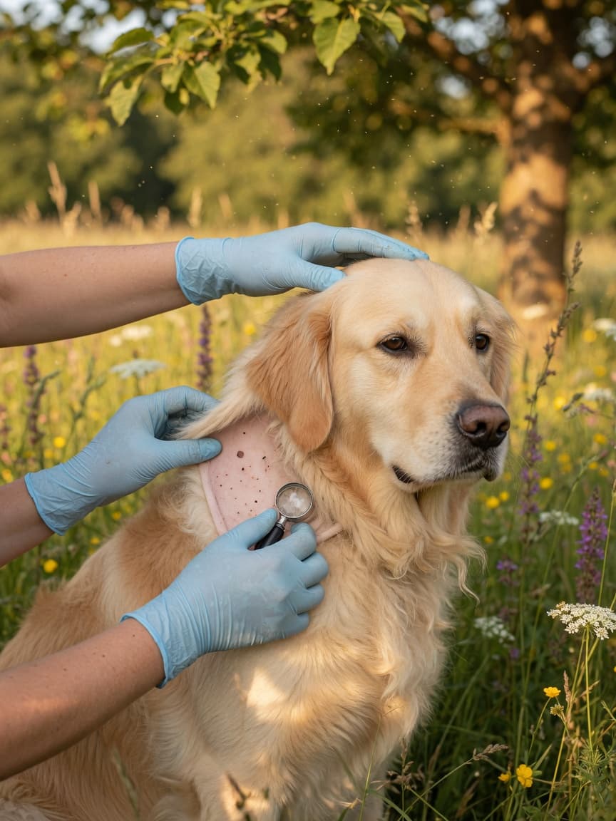 Veterinarian examining a golden retriever's neck and shoulder for ticks during outdoor preventative care assessment