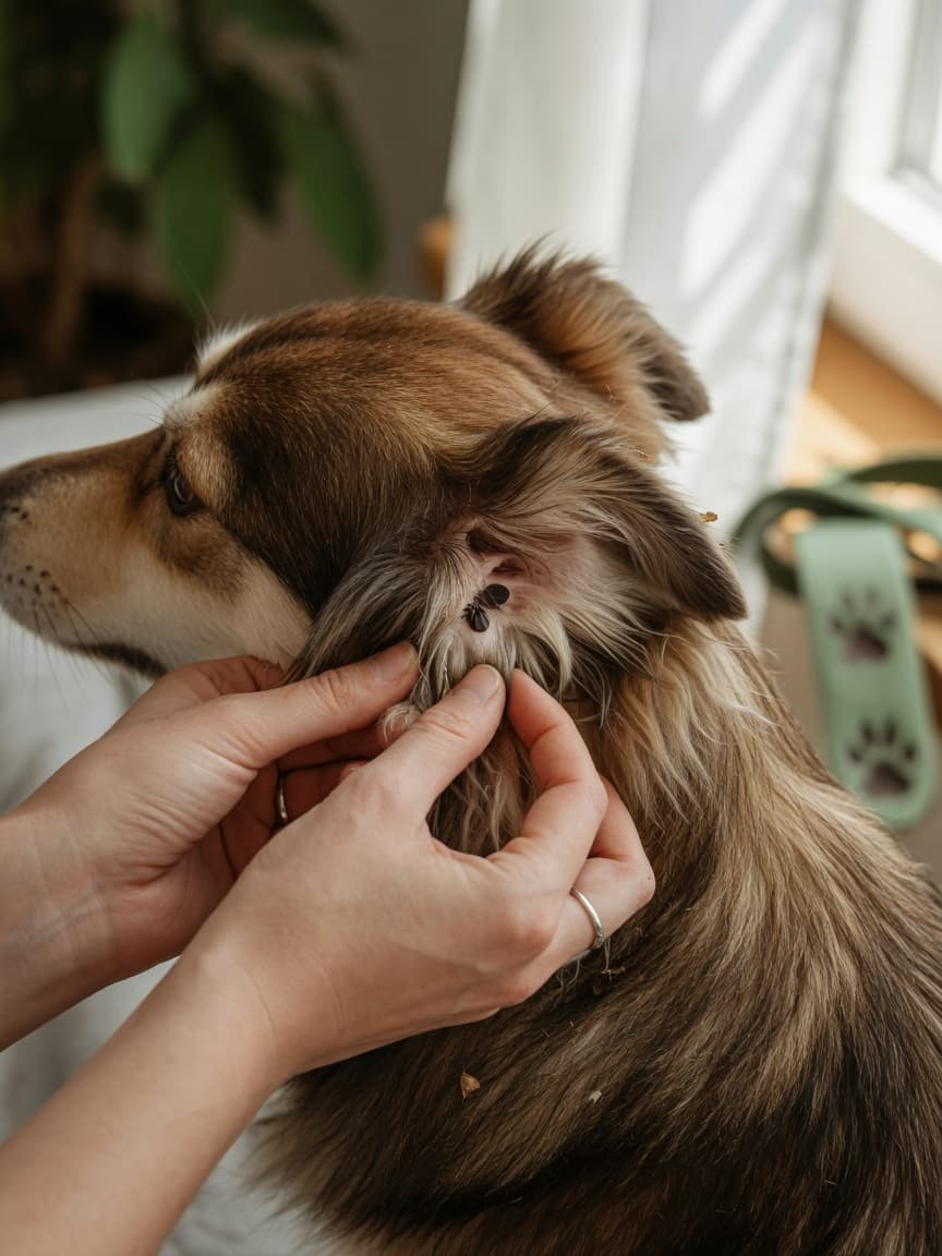 Dog owner's hands carefully checking a dog's ear for ticks during a post-walk inspection, showing proper tick prevention technique in natural daylight