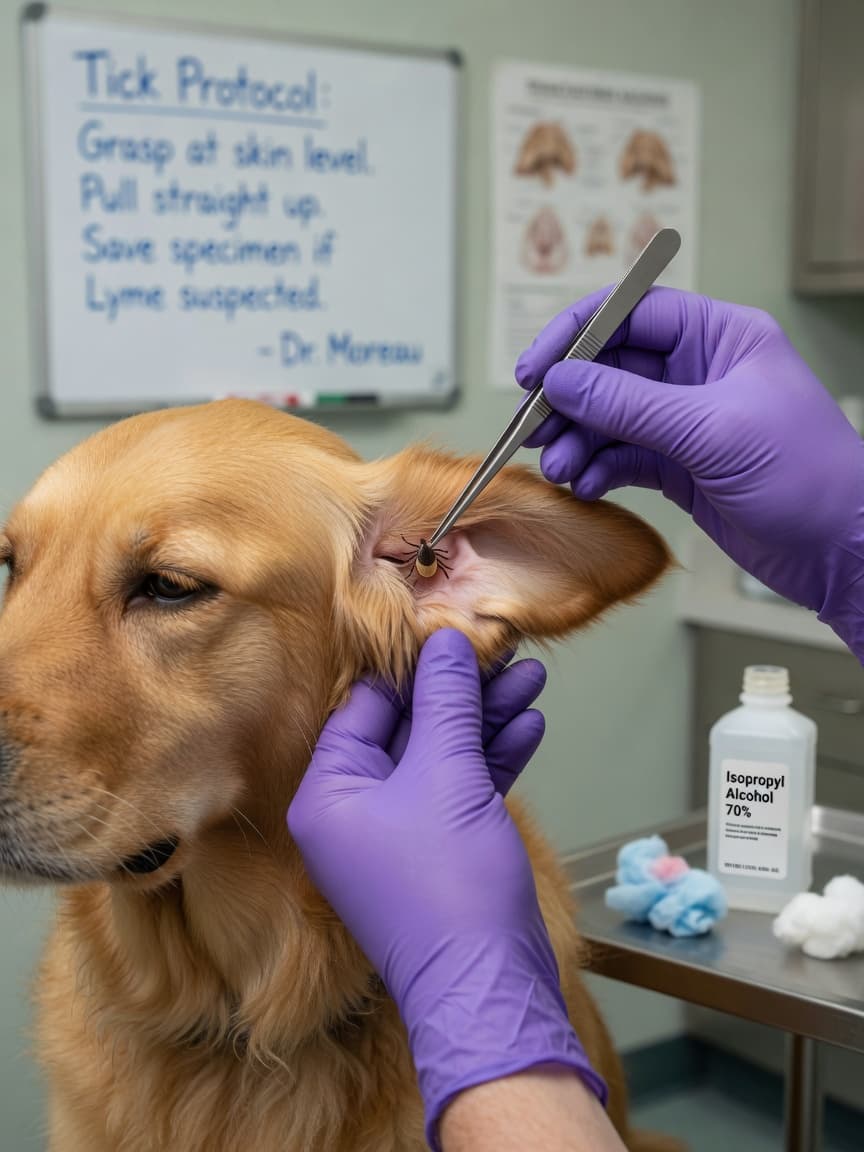 Veterinarian removing a tick from a dog's ear using fine-tipped tweezers with proper technique
