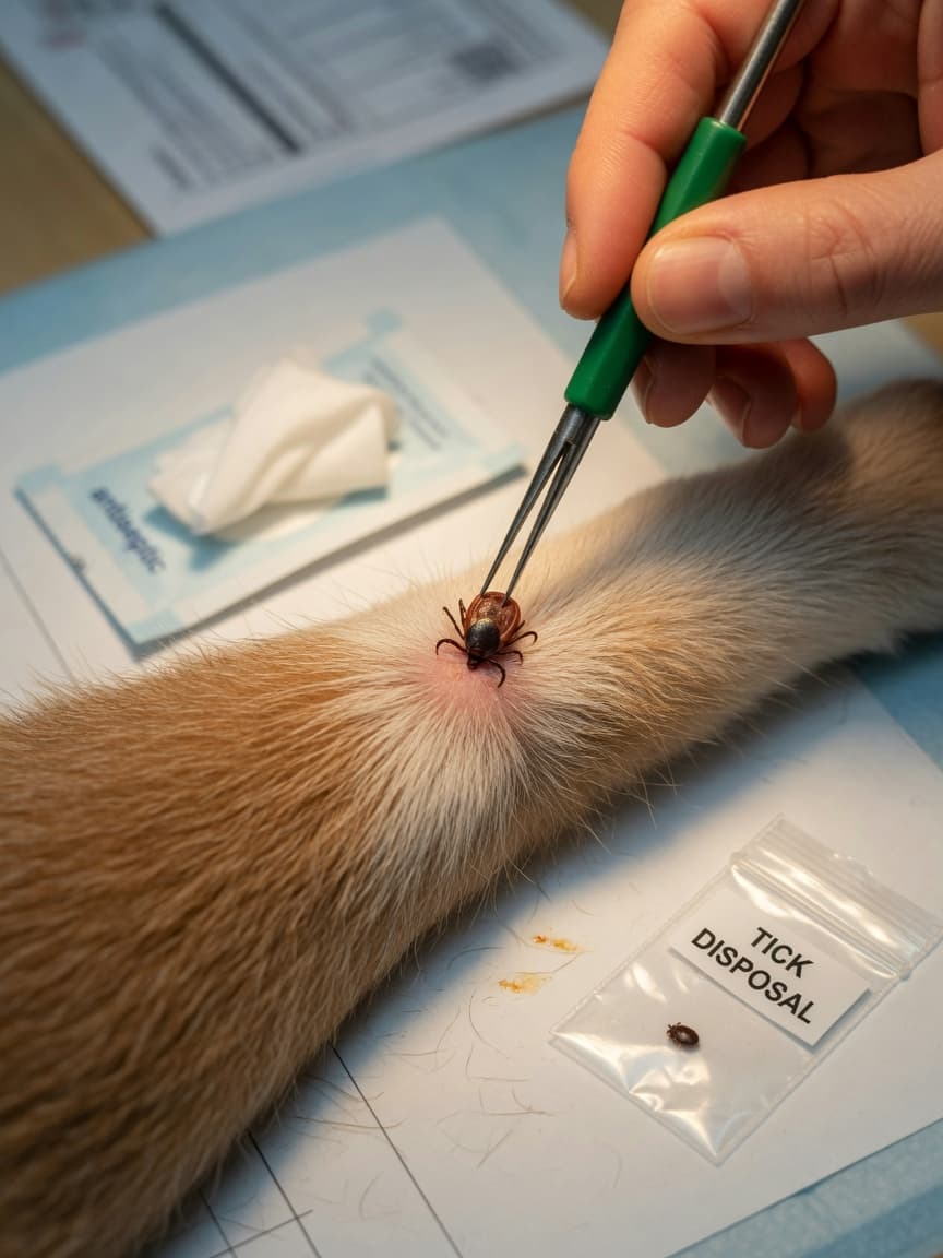 Hands using a fine-tipped tick removal tool to carefully extract a tick from a dog's fur during a veterinary tick removal procedure