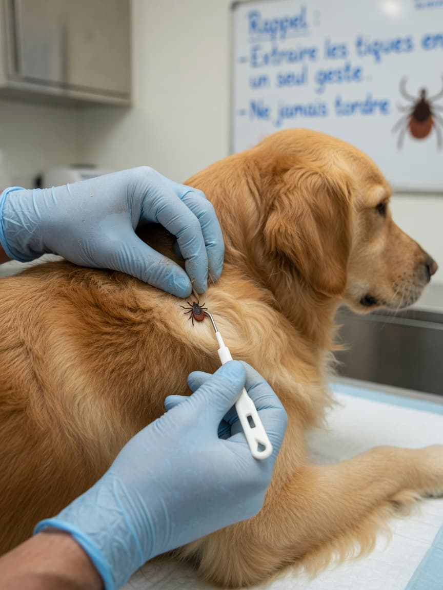 Veterinarian using a tick removal hook to safely extract a tick from a golden retriever's fur during a clinical procedure