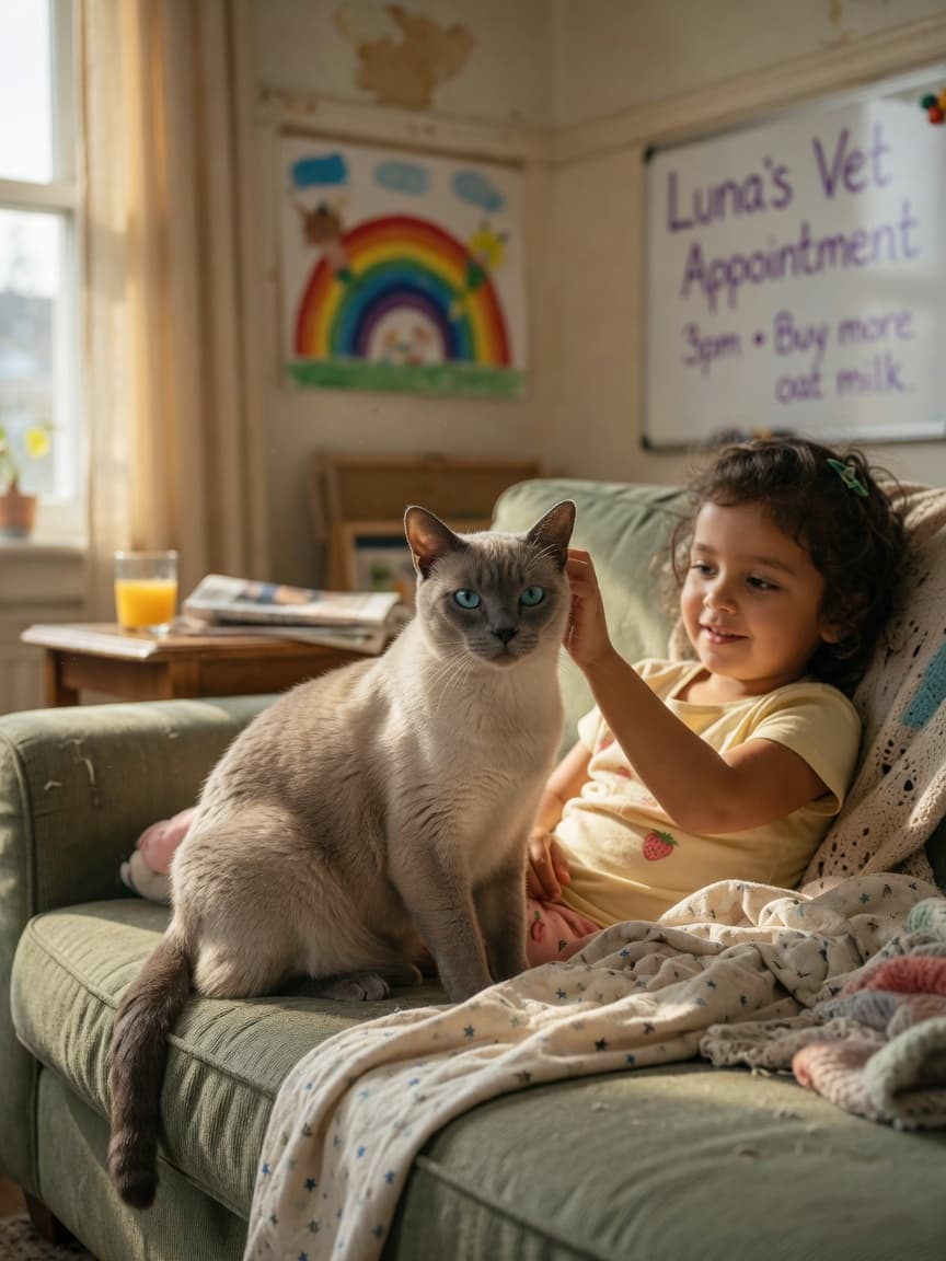 A Tonkinese cat with mink-patterned coat and aquamarine eyes sitting on a sofa next to a child, demonstrating the breed's family-friendly temperament