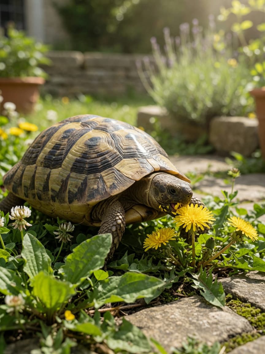 Hermann's tortoise grazing on wild weeds and dandelion in a pesticide-free garden
