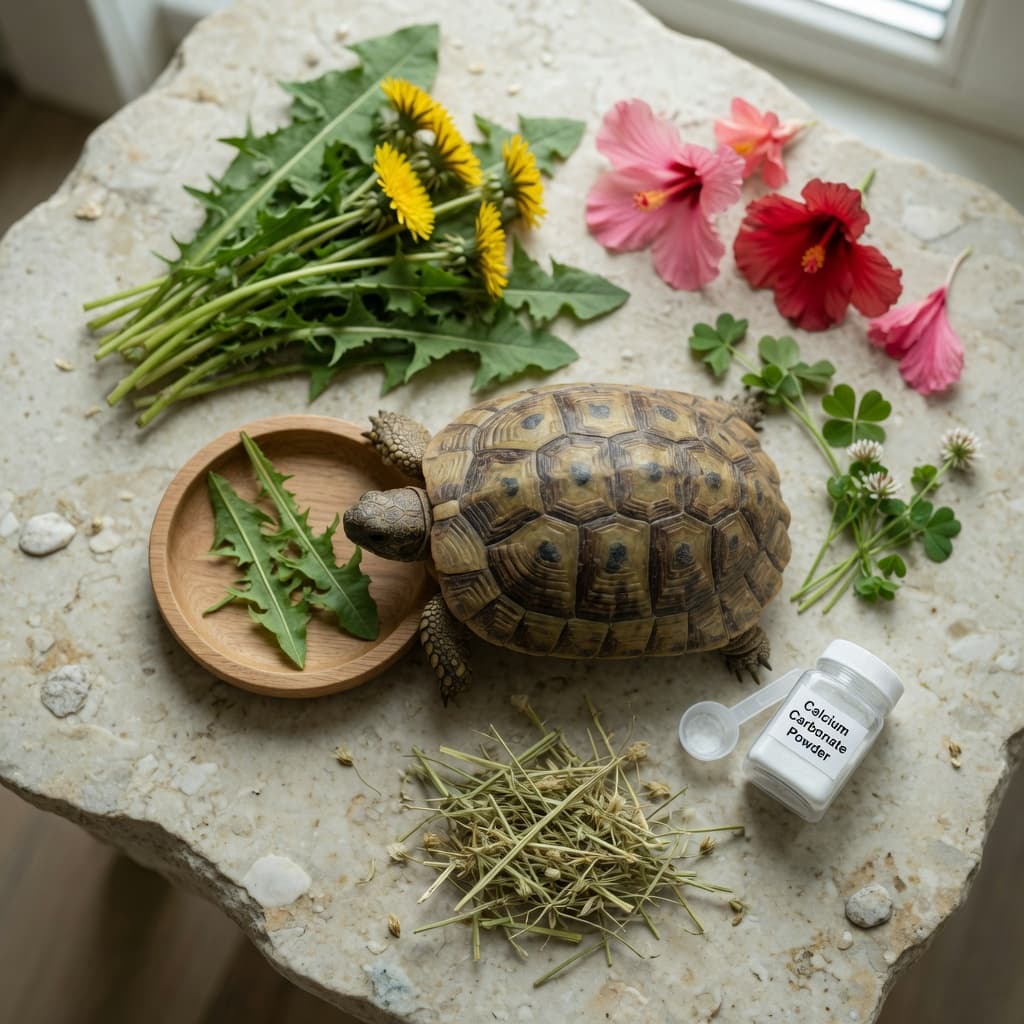 Mediterranean Hermann's tortoise surrounded by safe diet foods including dandelion greens, clover, dried hay, and hibiscus flowers on natural stone