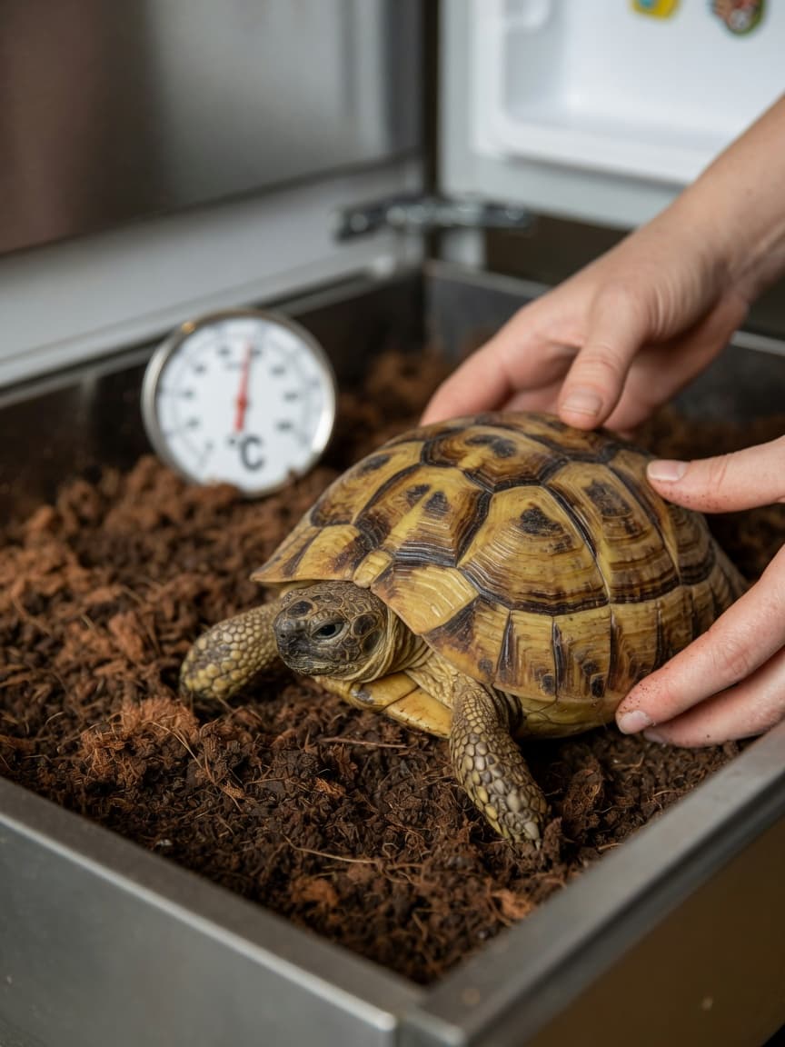 Hermann's tortoise being prepared for hibernation in a substrate-filled box with a thermometer showing safe hibernation temperature