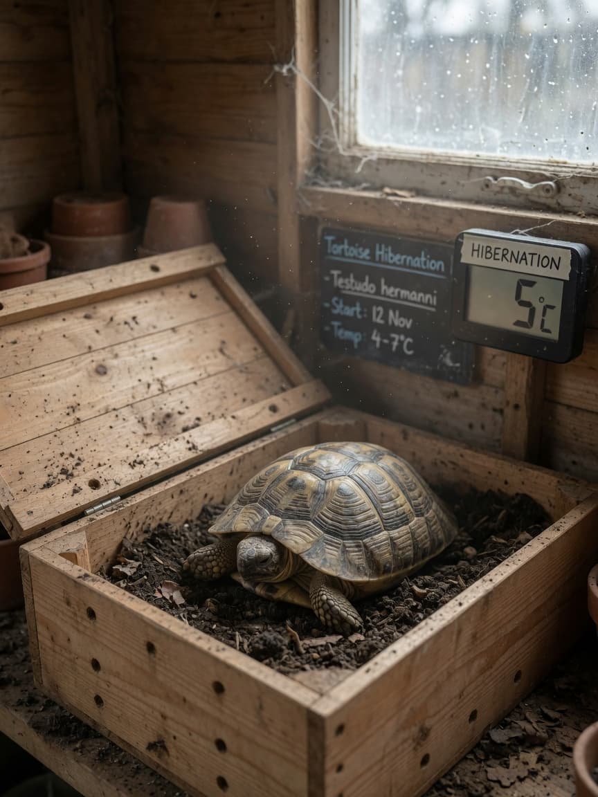 Hermann's tortoise in hibernation inside a wooden box filled with soil in a cool shed