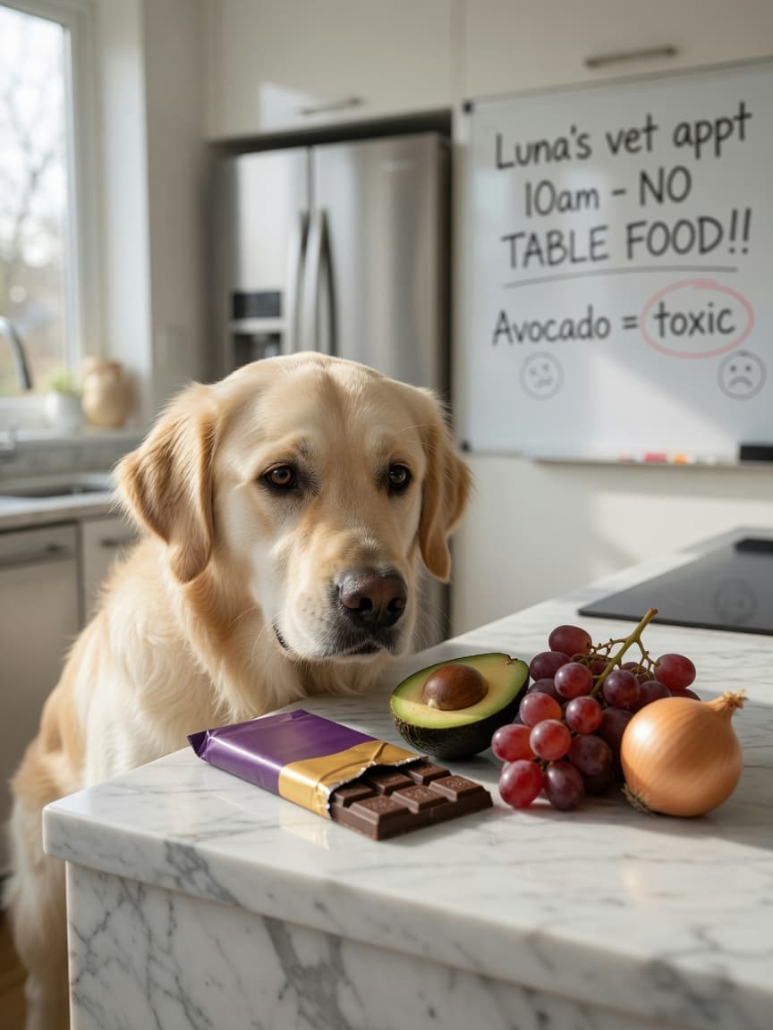 Curious golden retriever in kitchen with toxic foods (chocolate, avocado, grapes, onion) on countertop, demonstrating common household pet poisoning hazards.
