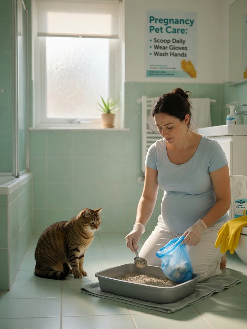 Pregnant woman wearing disposable gloves safely cleaning a cat litter tray while a tabby cat rests nearby in natural sunlight