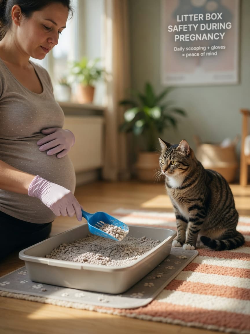Pregnant woman wearing disposable gloves safely cleaning a cat litter tray while a tabby cat rests nearby